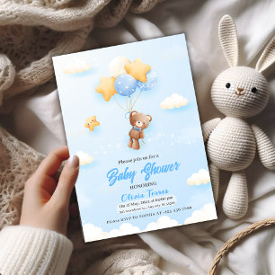 Invitation ballons bleus, Garçon Ours en Peluche Baby Shower