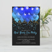 Invitation Ballons Bleus Néon Et Confetti Or Sur Noir (Debout devant)