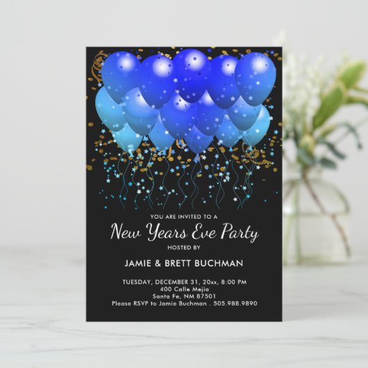 Invitation Ballons Bleus Néon Et Confettis Or Sur Noir (Debout devant)