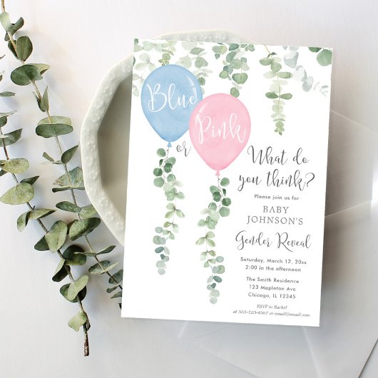 Invitation Ballons bleus ou roses verdure genre révéler