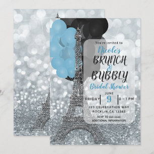 Invitation Ballons Bleus Pailletés Argent Tour Eiffel Paris