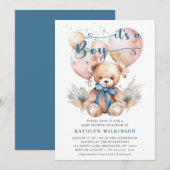 Invitation Ballons Bleus Teddy Bear Cute Boy Baby shower (Devant / Derrière)