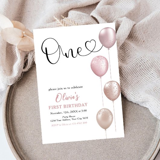 Invitation Ballons Blush fille premier anniversaire