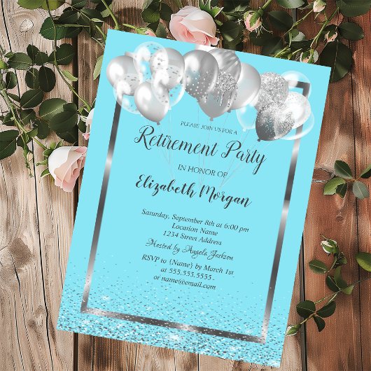 Invitation Ballons Cadre Argent Bleu Clair Retraite