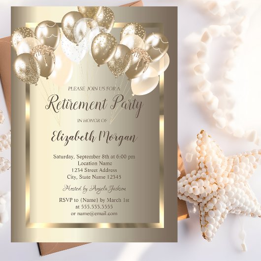 Invitation Ballons Chic, Cadre Or, Retraite Champagne