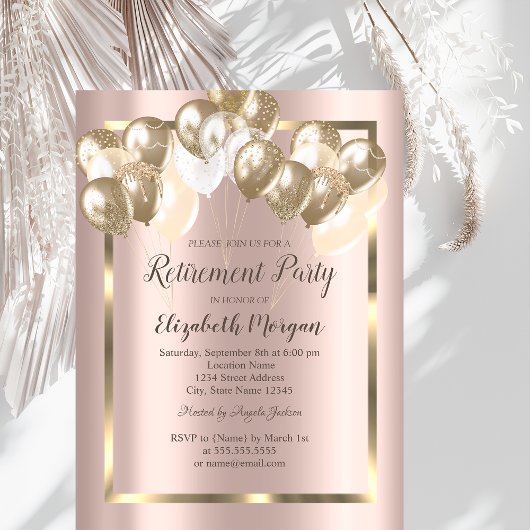 Invitation Ballons Chic, Cadre, Or Rose, Retrait