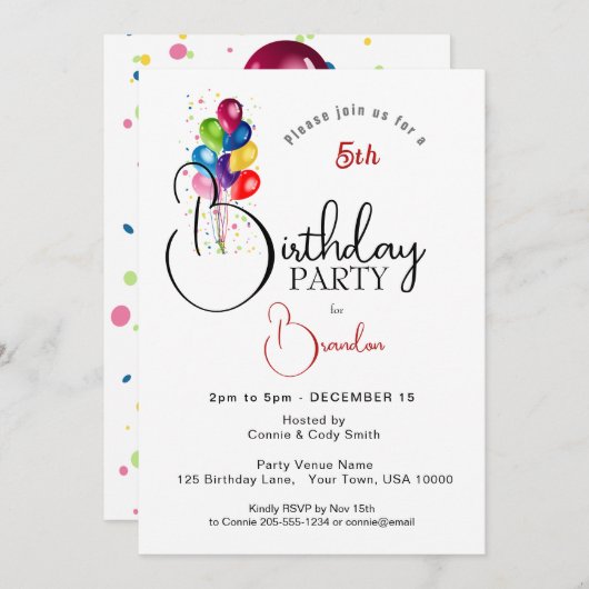 INVITATION BALLONS COLORÉS, FÊTE D'ANNIVERSAIRE (Devant / Derrière)