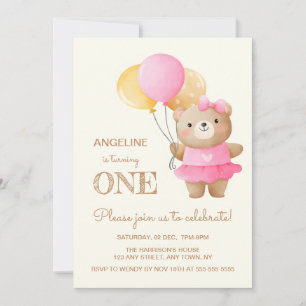 Invitation Ballons colorés mignon ours fille 1er anniversaire