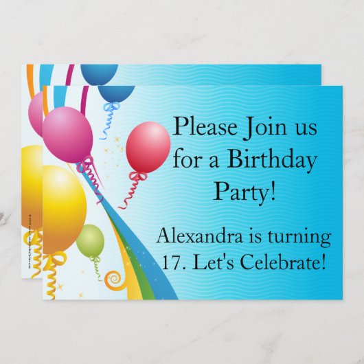 Invitation Ballons colorés | Rubans bouclés (Devant / Derrière)