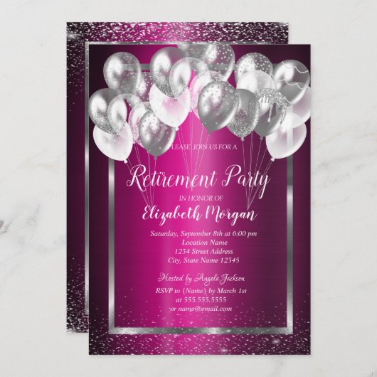 Invitation Ballons Confetti en Argent Confetti Violet Retrait (Devant / Derrière)