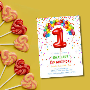 Invitation Ballons Confetti lumineux colorés 1er anniversaire