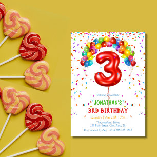 Invitation Ballons Confetti lumineux colorés 3e anniversaire