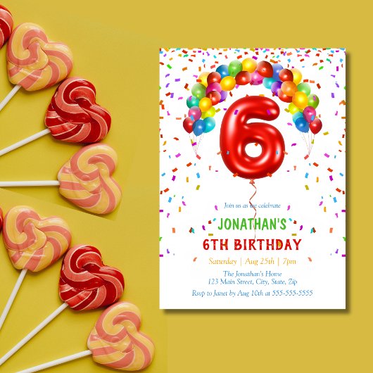 Invitation Ballons Confetti lumineux colorés 6e anniversaire