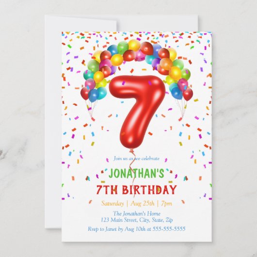 Invitation Ballons Confetti lumineux colorés 7e anniversaire (Devant)