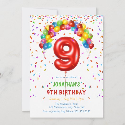 Invitation Ballons Confetti lumineux colorés 9e anniversaire (Devant)