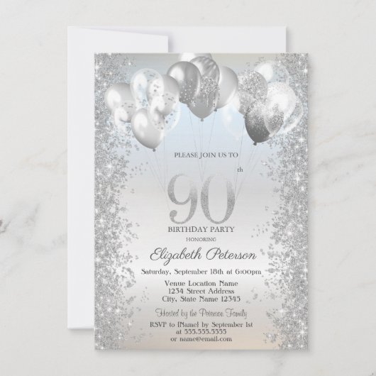 Invitation Ballons Confetti Parties scintillant d'argent 90e (Devant)
