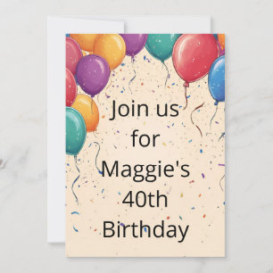Invitation Ballons & Confetti sur Crème Anniversaire