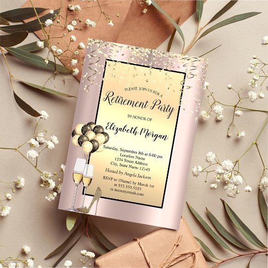 Invitation Ballons, Confettis Dorés Rose Gold Retraite 