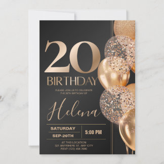 Invitation Ballons Confettis Fête Luxeuse 20e Anniversaire