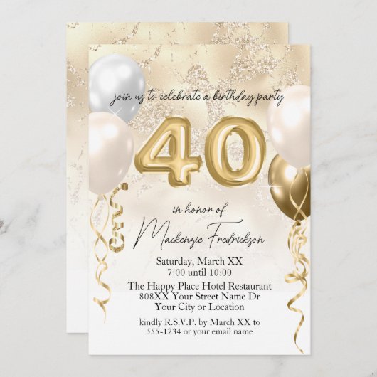 Invitation Ballons d'anniversaire 40e sur Parties scintillant (Devant / Derrière)