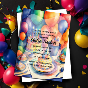 Invitation Ballons d'anniversaire à l'aquarelle Gâteaux color