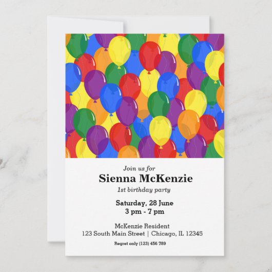 Invitation Ballons d'anniversaire arc-en-ciel (Devant)