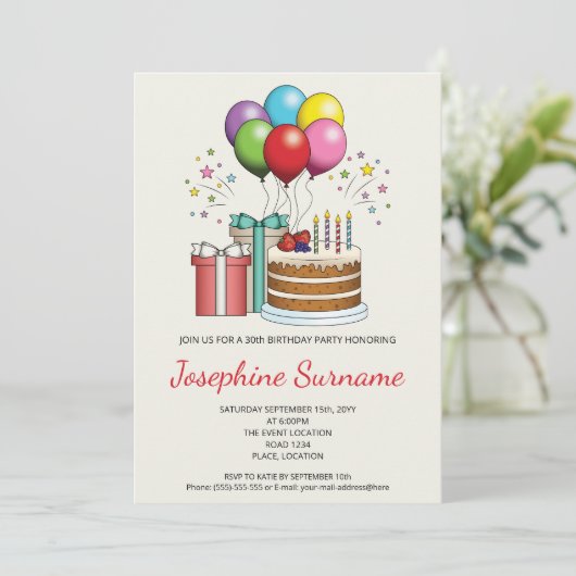 Invitation Ballons D'Anniversaire Colorés Avec Gâteau Et Prés (Debout devant)