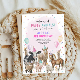 Invitation Ballons d'anniversaire d'animaux de ferme rose vio