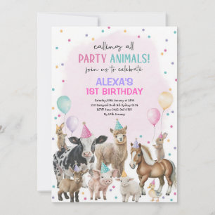 Invitation Ballons d'anniversaire d'animaux de ferme rose vio