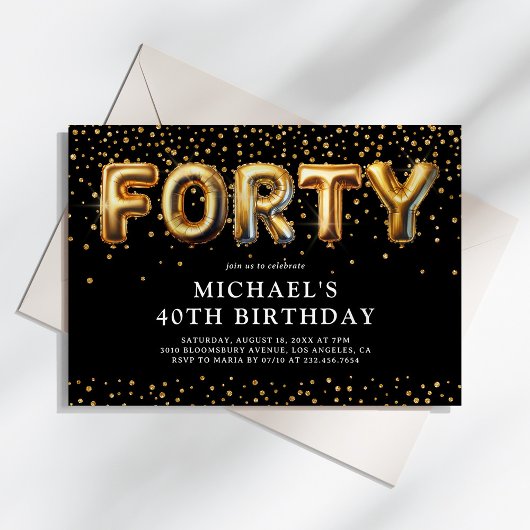 Invitation Ballons d'anniversaire Noir et Or 40e