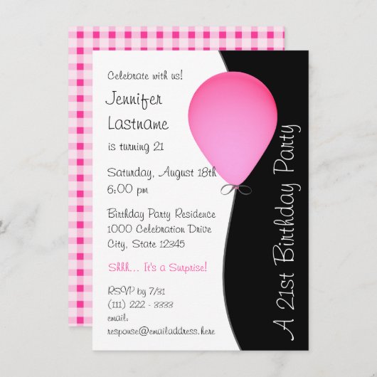 Invitation Ballons d'anniversaire rose (Devant / Derrière)