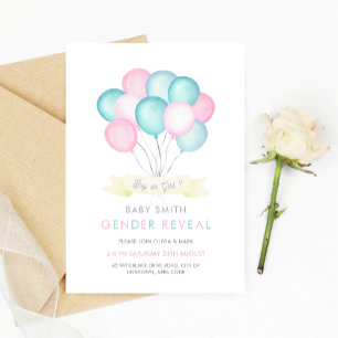Invitation Ballons d'aquarelle bleu et rose Révélation de gen