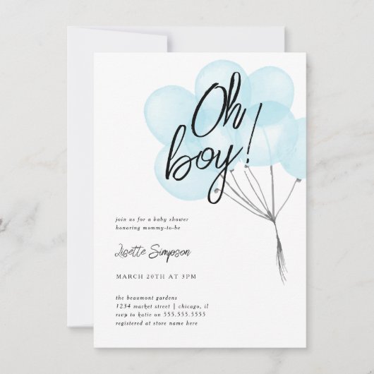 Invitation Ballons d'aquarelle bleu simple Oh Baby shower gar (Devant)