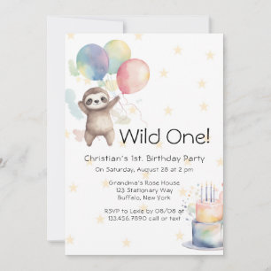 Invitation Ballons d'aquarelle mignonne Sloth Wild un anniver