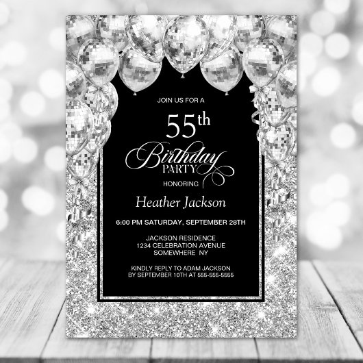 Invitation Ballons d'argent 55e fête d'anniversaire