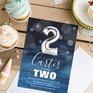 Invitation Ballons d'argent du 2e anniversaire Blue Party