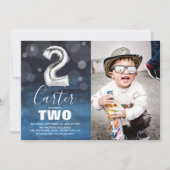 Invitation Ballons d'argent du 2e anniversaire | Blue Photo P (Devant)