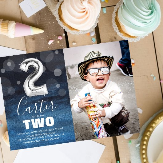 Invitation Ballons d'argent du 2e anniversaire | Blue Photo P