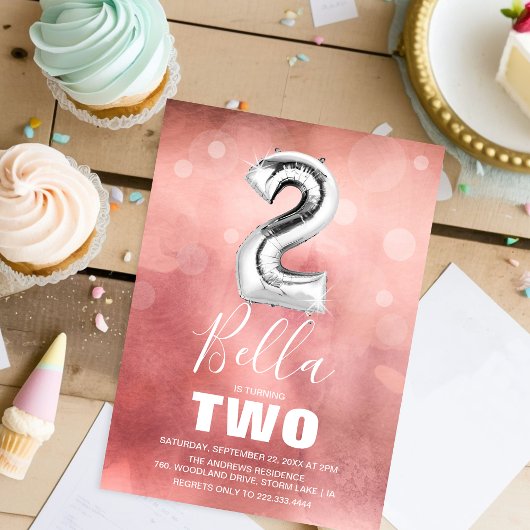 Invitation Ballons d'argent du 2e anniversaire | Fille rose