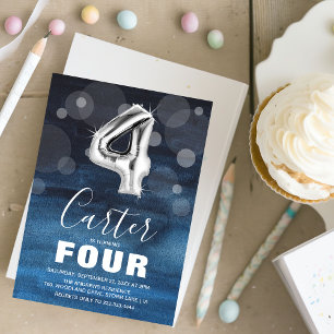 Invitation Ballons d'argent du quatrième anniversaire Blue