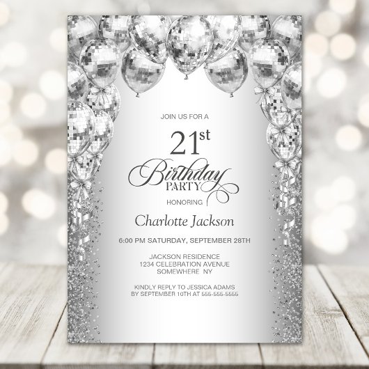 Invitation Ballons d'argent élégant 21e fête d'anniversaire
