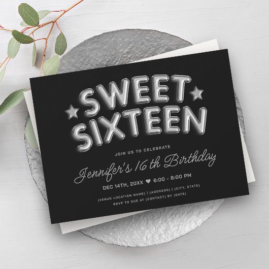 Invitation Ballons d'argent Glam moderne Black Sweet 16