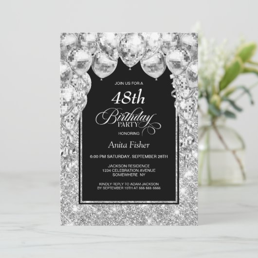 Invitation Ballons d'argent n'importe quel âge fête d'anniver (Debout devant)