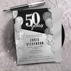 Invitation Ballons d'argent noir Masculine 50e anniversaire