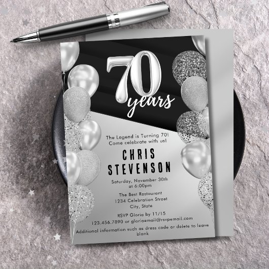Invitation Ballons d'argent noir Masculine 70e anniversaire