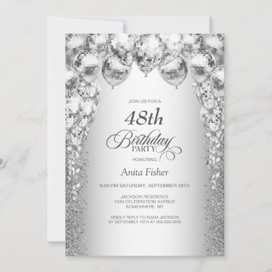 Invitation Ballons d'argent stylé N'importe quel âge fête d'a (Devant)