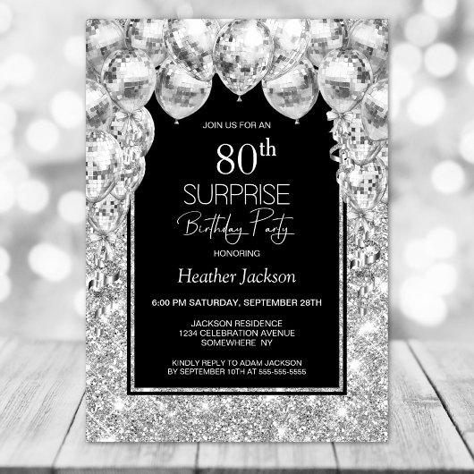 Invitation Ballons d'argent Surprise 80e fête d'anniversaire