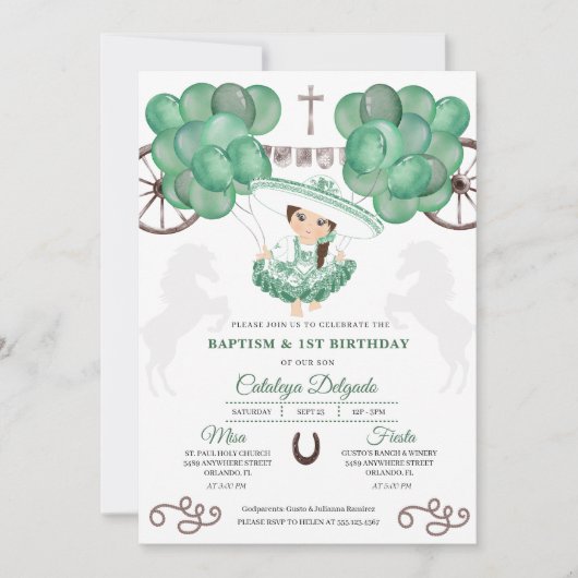 Invitation Ballons d'argent vert Baptême de bébé mexicain Cha (Devant)