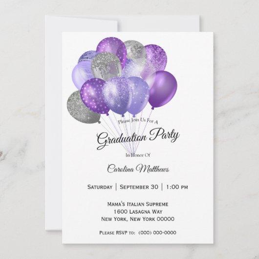 Invitation Ballons d'argent violet Graduation (Devant)
