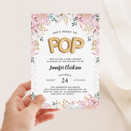 Invitation Ballons de Baby shower floral "Prêt à pop"